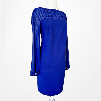 Vintage Y2K Blue Long Puffy Sleeve Pleated Knee Length Shift Dress Size M