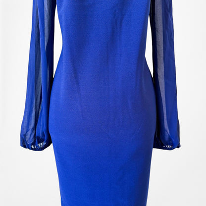 Vintage Y2K Blue Long Puffy Sleeve Pleated Knee Length Shift Dress Size M