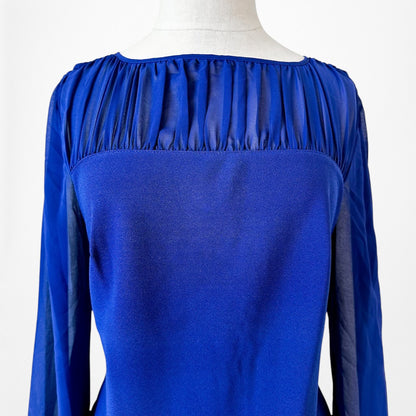 Vintage Y2K Blue Long Puffy Sleeve Pleated Knee Length Shift Dress Size M