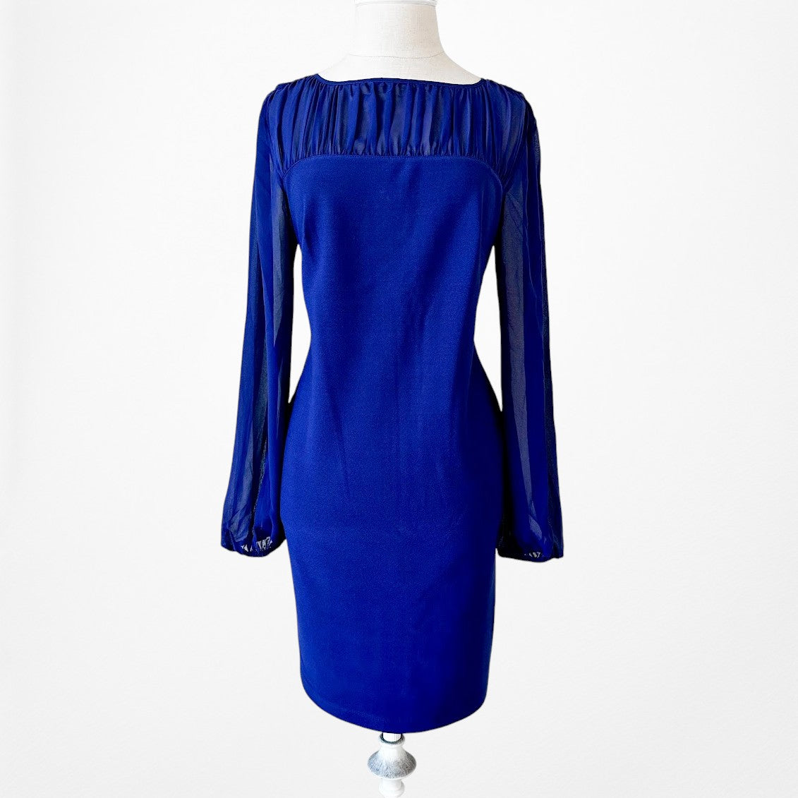 Vintage Y2K Blue Long Puffy Sleeve Pleated Knee Length Shift Dress Size M