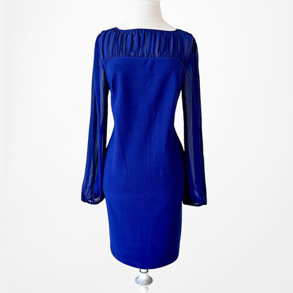 Vintage Y2K Blue Long Puffy Sleeve Pleated Knee Length Shift Dress Size M