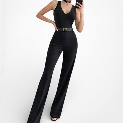 Vintage Y2K Black Sleeveless V-Neck Straight Leg Waist Tie Jumpsuit Size M/L