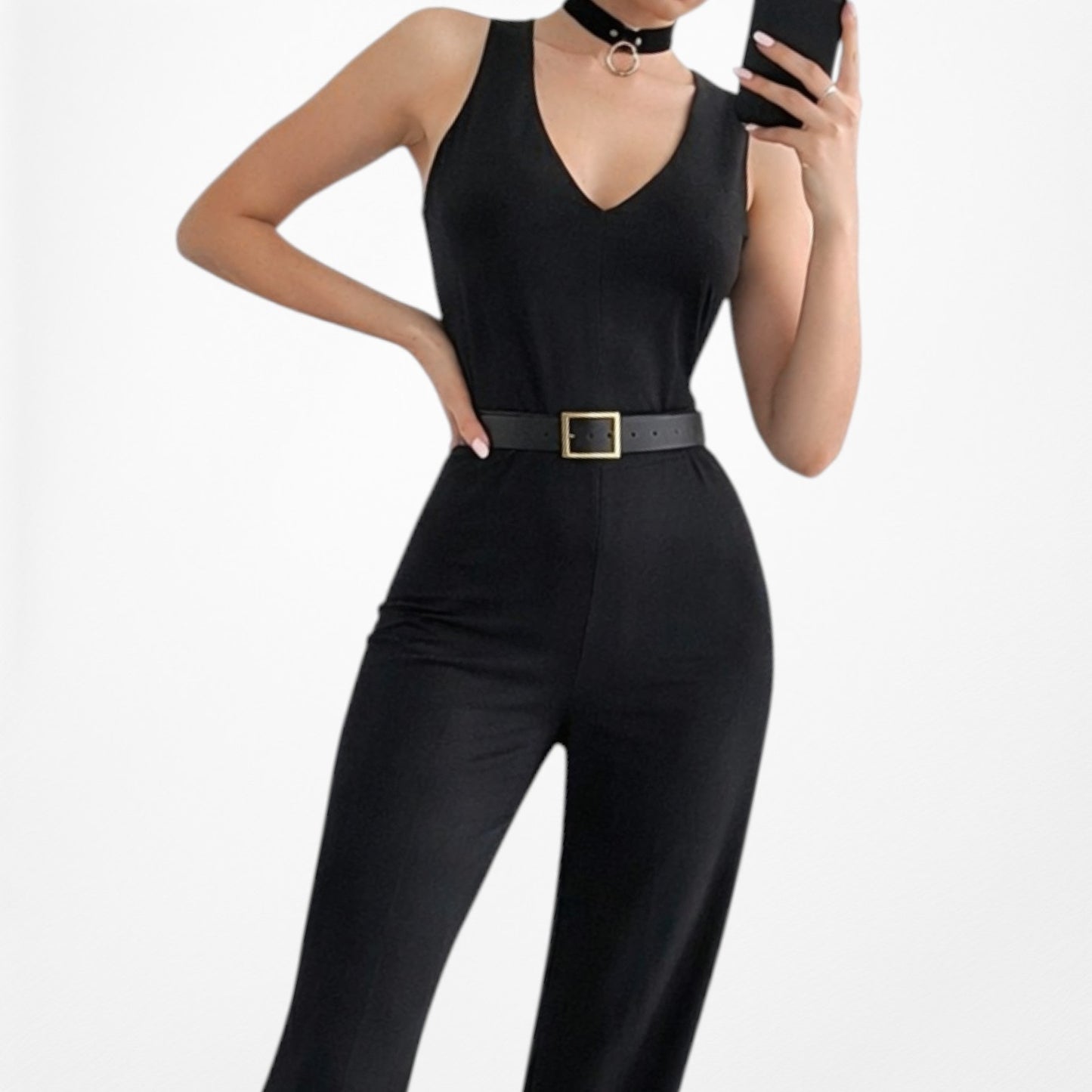 Vintage Y2K Black Sleeveless V-Neck Straight Leg Waist Tie Jumpsuit Size M/L