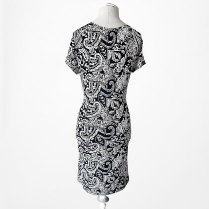 Vintage Y2K Blue White Geometric Print Short Sleeve Knee Length Knit Dress M/L