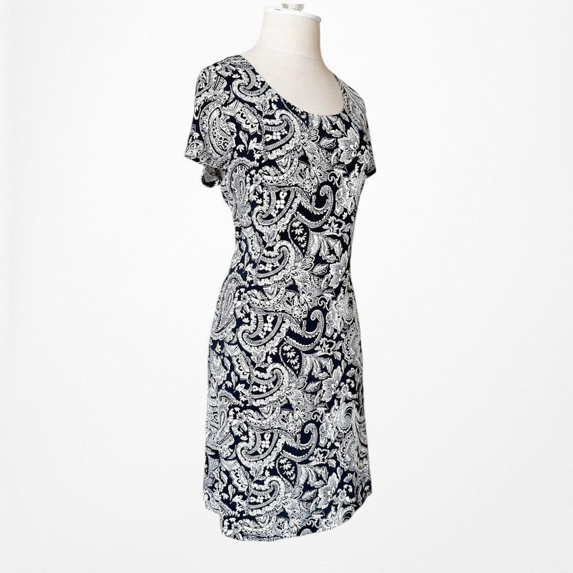 Vintage Y2K Blue White Geometric Print Short Sleeve Knee Length Knit Dress M/L