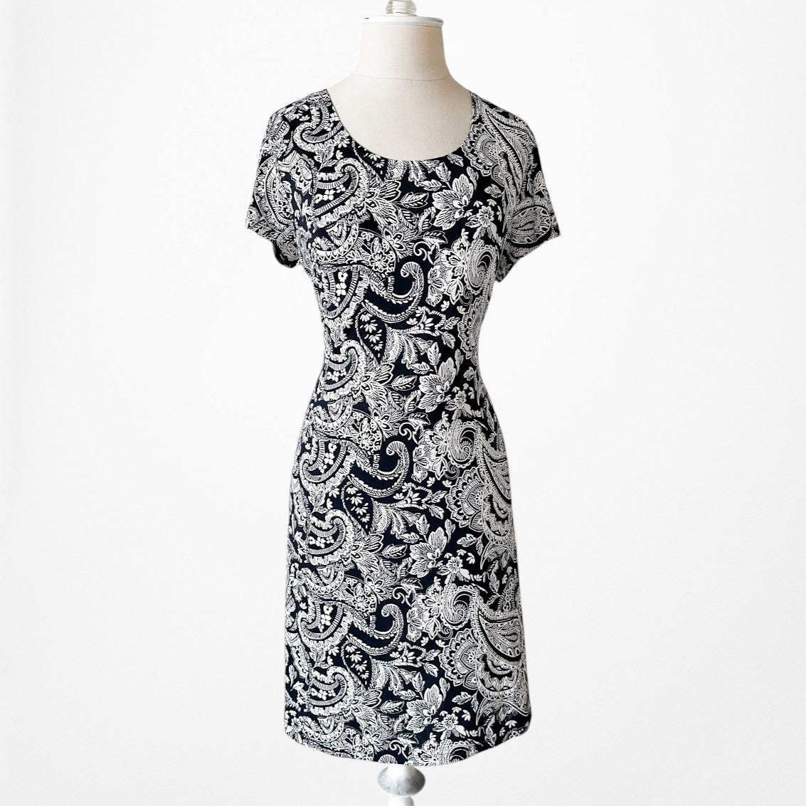 Vintage Y2K Blue White Geometric Print Short Sleeve Knee Length Knit Dress M/L