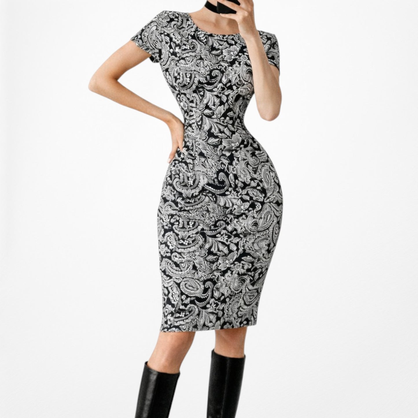 Vintage Y2K Blue White Geometric Print Short Sleeve Knee Length Knit Dress M/L