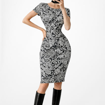 Vintage Y2K Blue White Geometric Print Short Sleeve Knee Length Knit Dress M/L