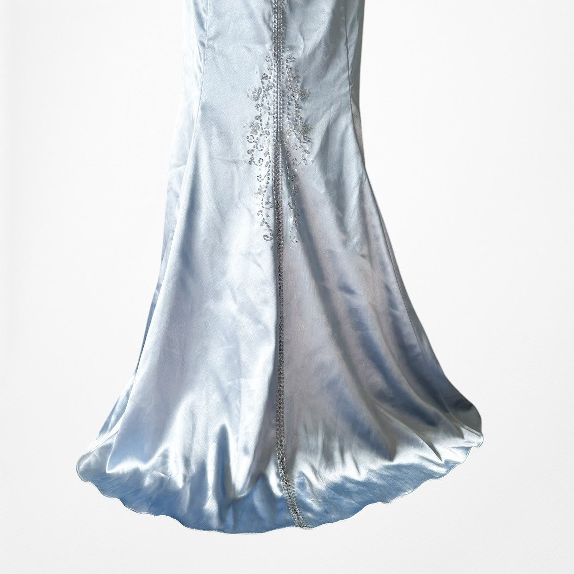 Vintage Y2K Pastel Blue Satin Halter Beaded Fit Flared Maxi Prom Dress Size L
