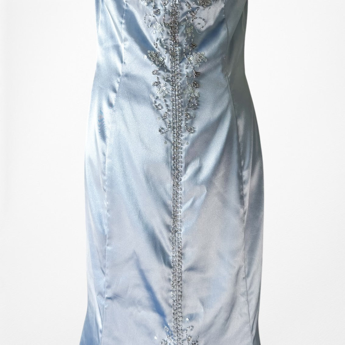 Vintage Y2K Pastel Blue Satin Halter Beaded Fit Flared Maxi Prom Dress Size L