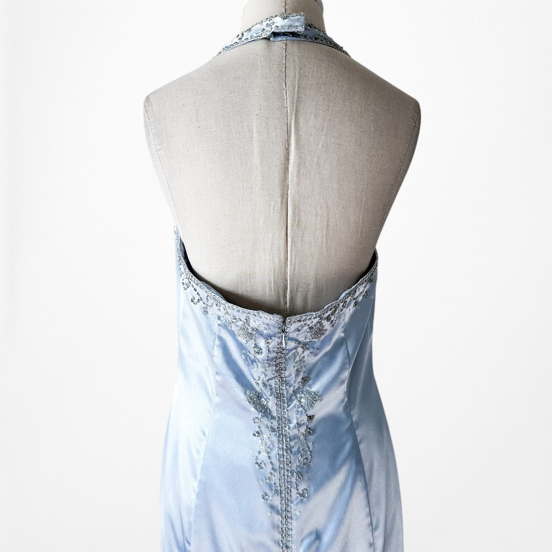 Vintage Y2K Pastel Blue Satin Halter Beaded Fit Flared Maxi Prom Dress Size L