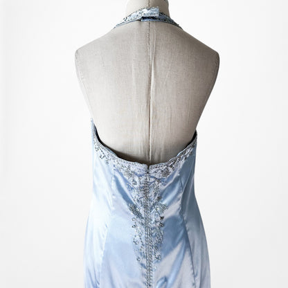 Vintage Y2K Pastel Blue Satin Halter Beaded Fit Flared Maxi Prom Dress Size L