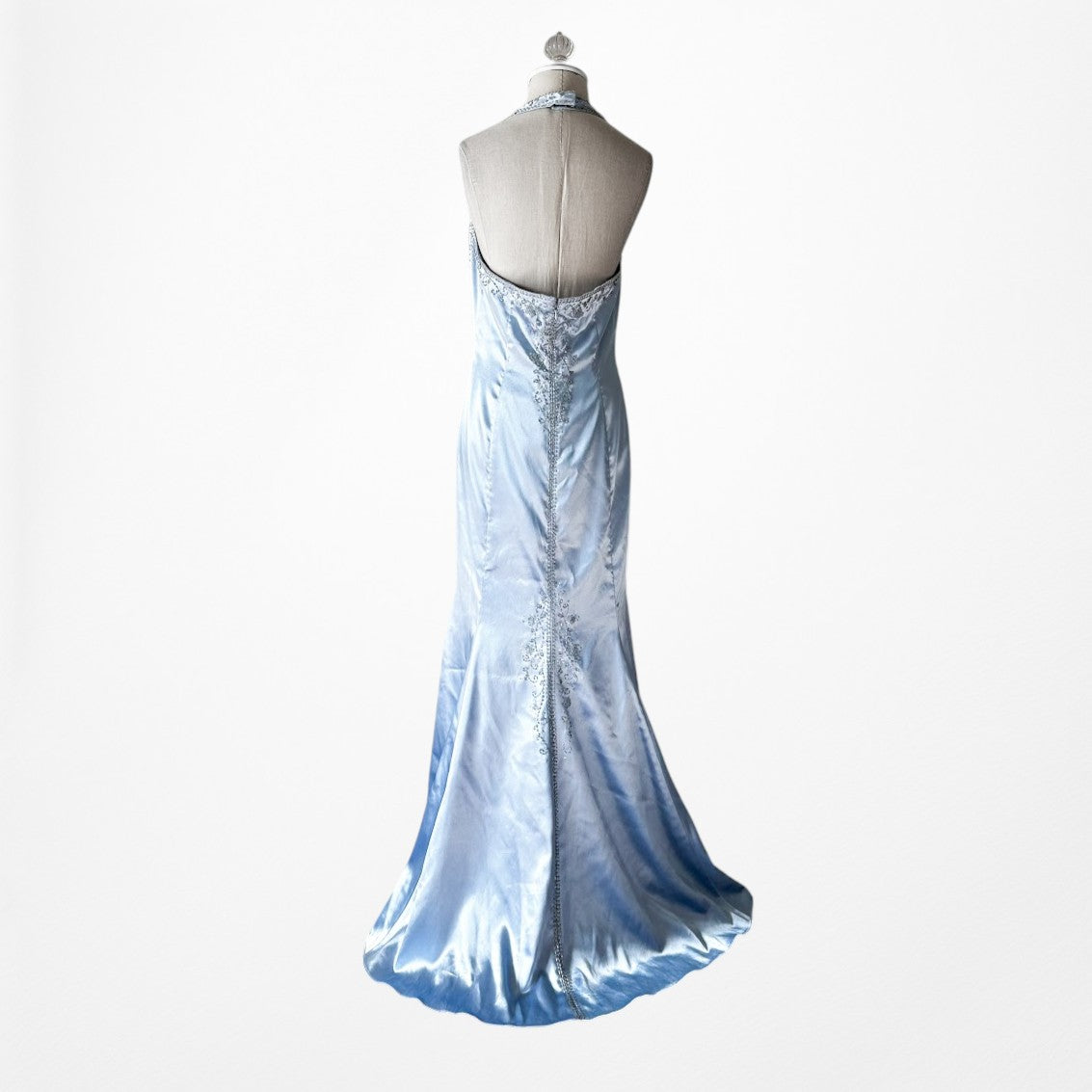 Vintage Y2K Pastel Blue Satin Halter Beaded Fit Flared Maxi Prom Dress Size L