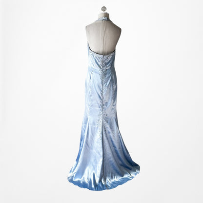 Vintage Y2K Pastel Blue Satin Halter Beaded Fit Flared Maxi Prom Dress Size L