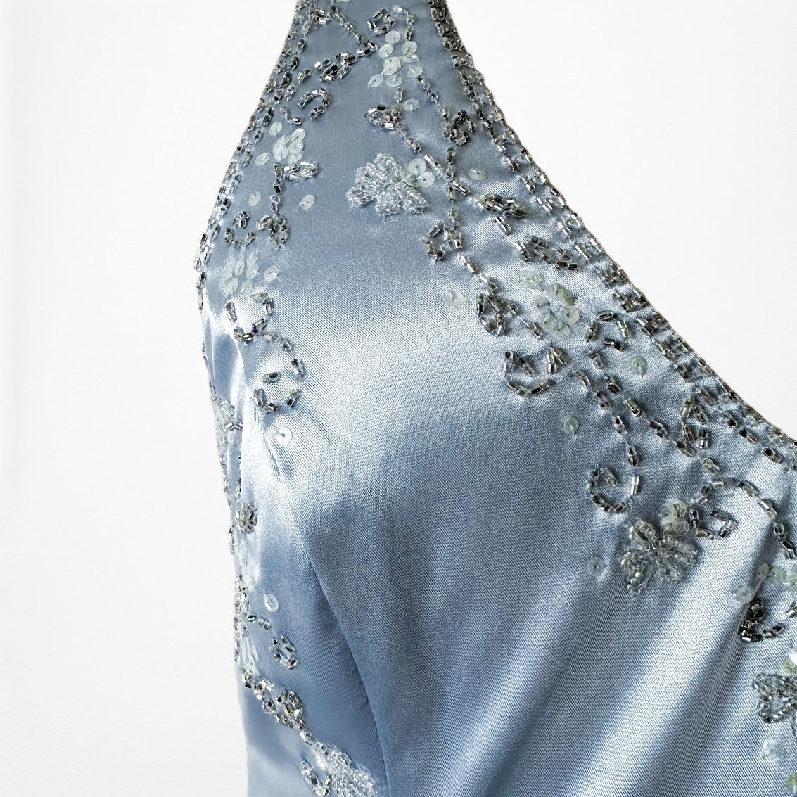 Vintage Y2K Pastel Blue Satin Halter Beaded Fit Flared Maxi Prom Dress Size L