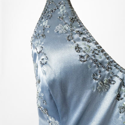 Vintage Y2K Pastel Blue Satin Halter Beaded Fit Flared Maxi Prom Dress Size L