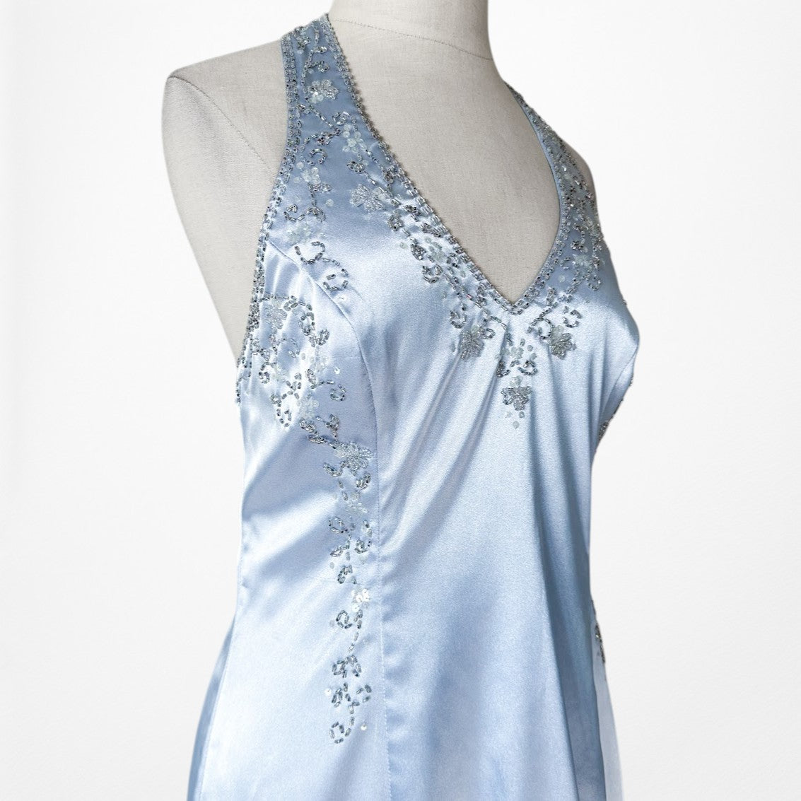 Vintage Y2K Pastel Blue Satin Halter Beaded Fit Flared Maxi Prom Dress Size L