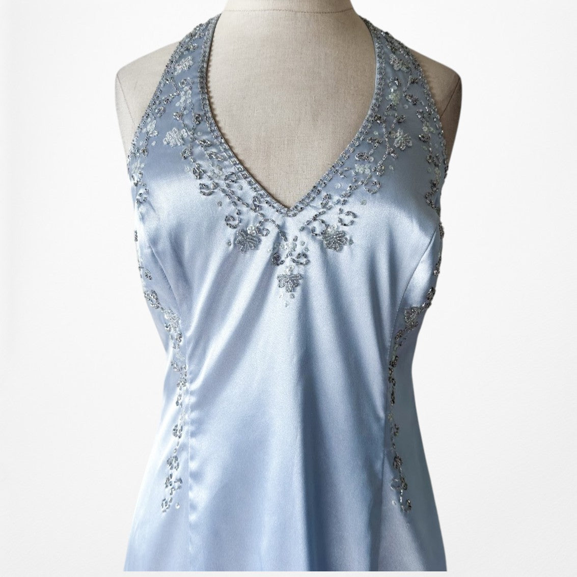 Vintage Y2K Pastel Blue Satin Halter Beaded Fit Flared Maxi Prom Dress Size L