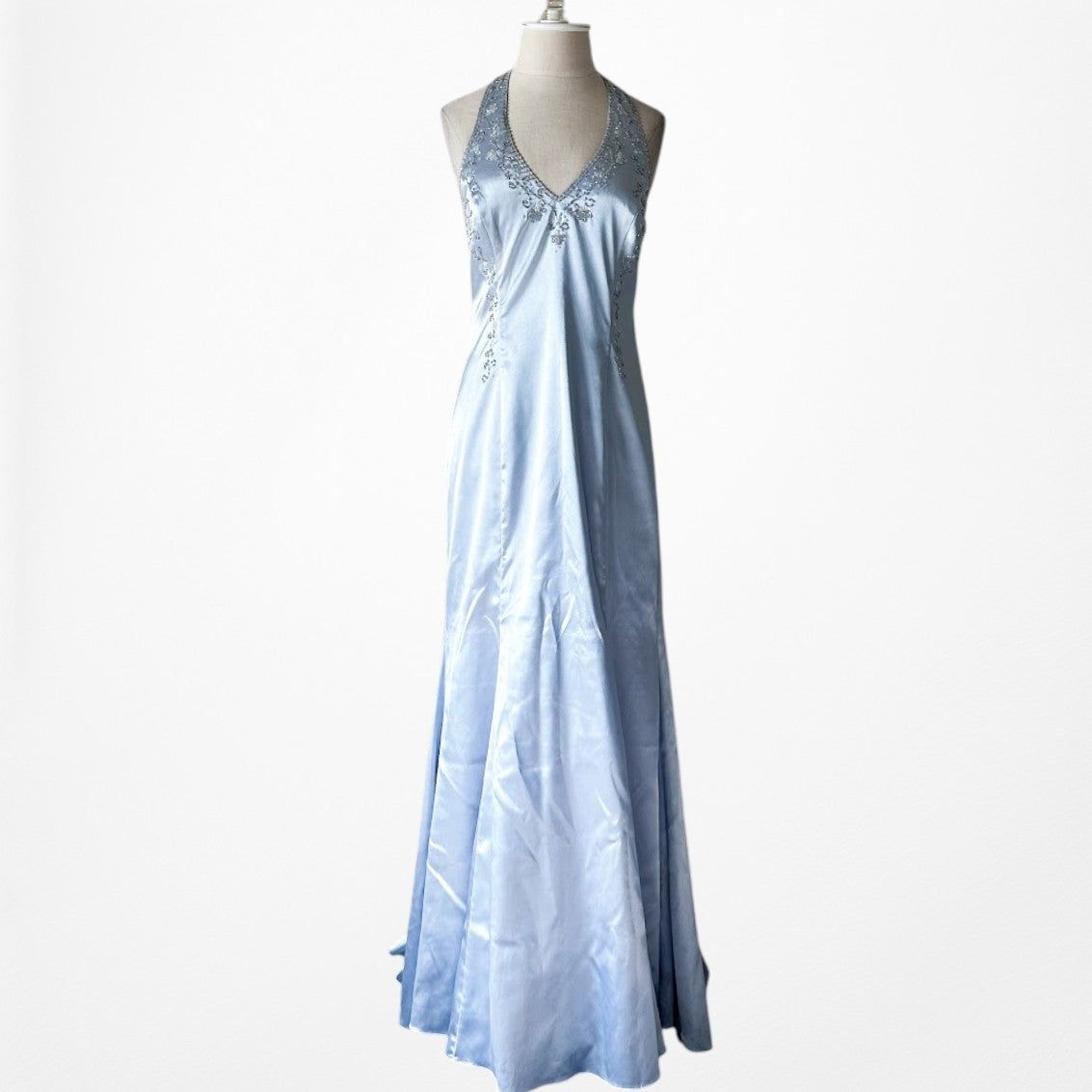 Vintage Y2K Pastel Blue Satin Halter Beaded Fit Flared Maxi Prom Dress Size L
