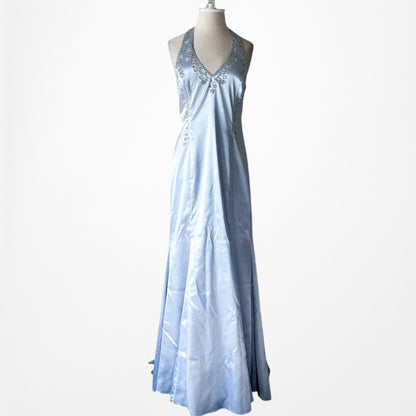 Vintage Y2K Pastel Blue Satin Halter Beaded Fit Flared Maxi Prom Dress Size L
