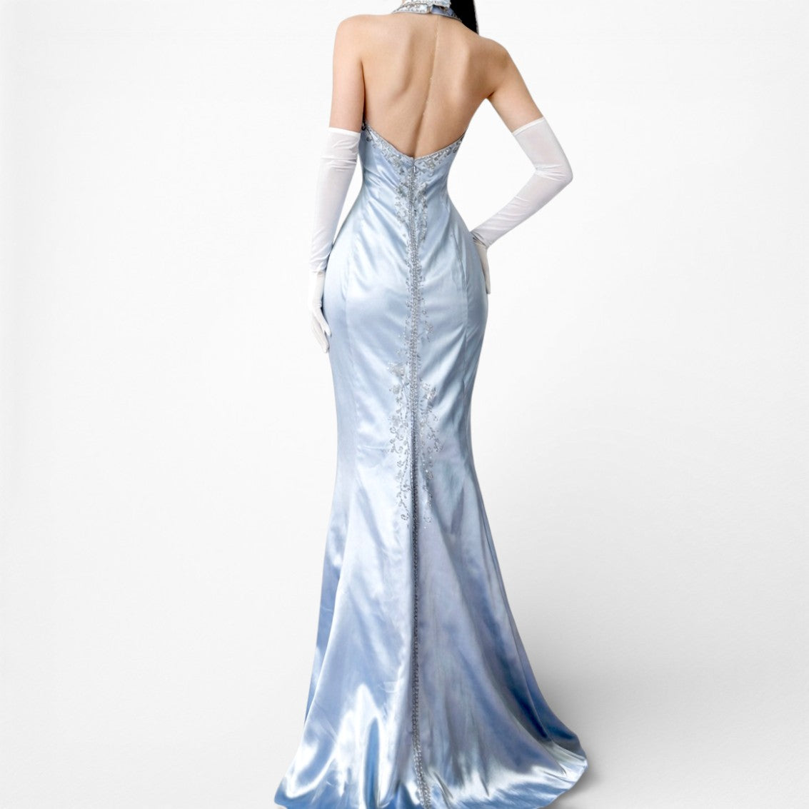 Vintage Y2K Pastel Blue Satin Halter Beaded Fit Flared Maxi Prom Dress Size L