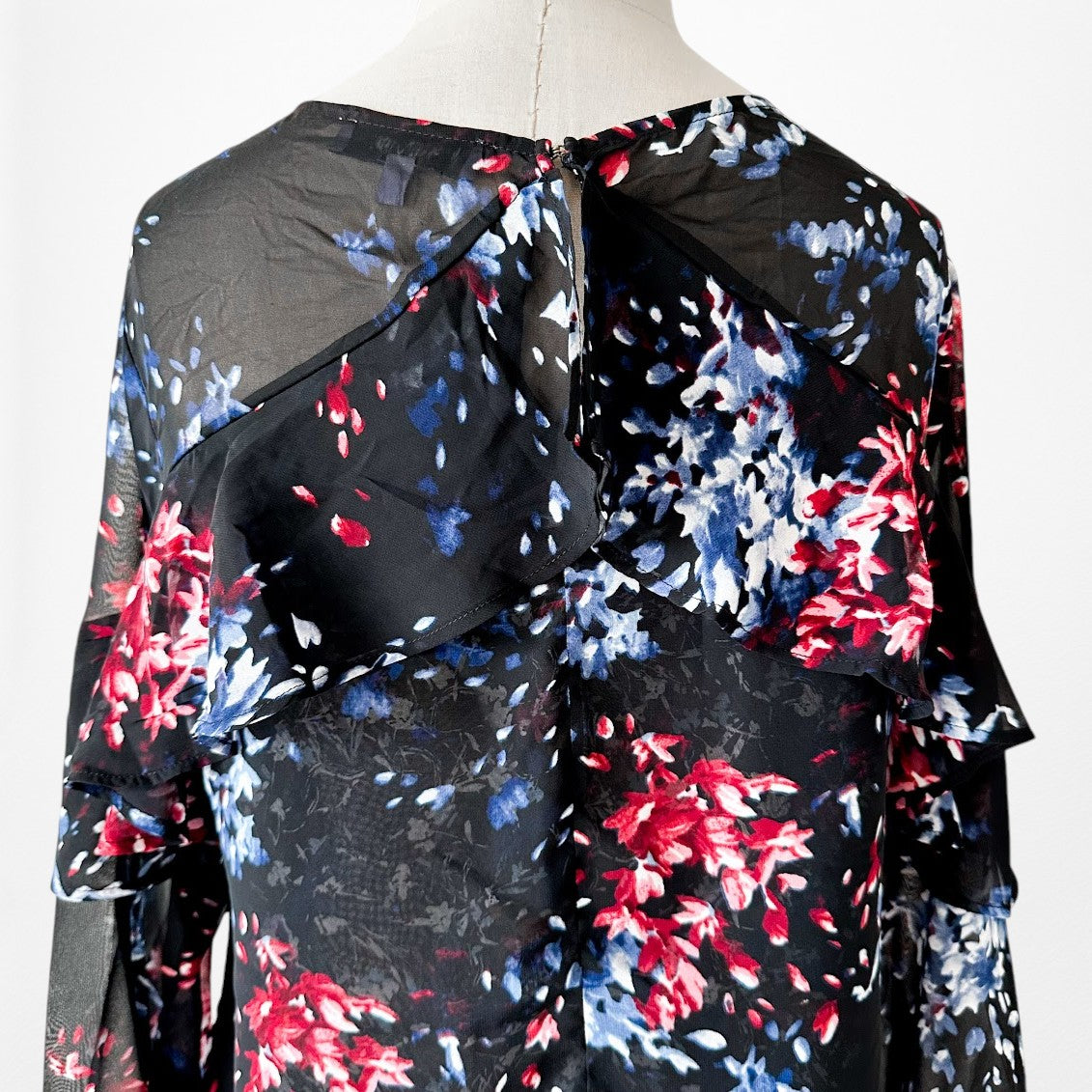 Vintage Y2K Black Red Blue Long Sleeve Ruffle Chiffon Blouse Top Size S