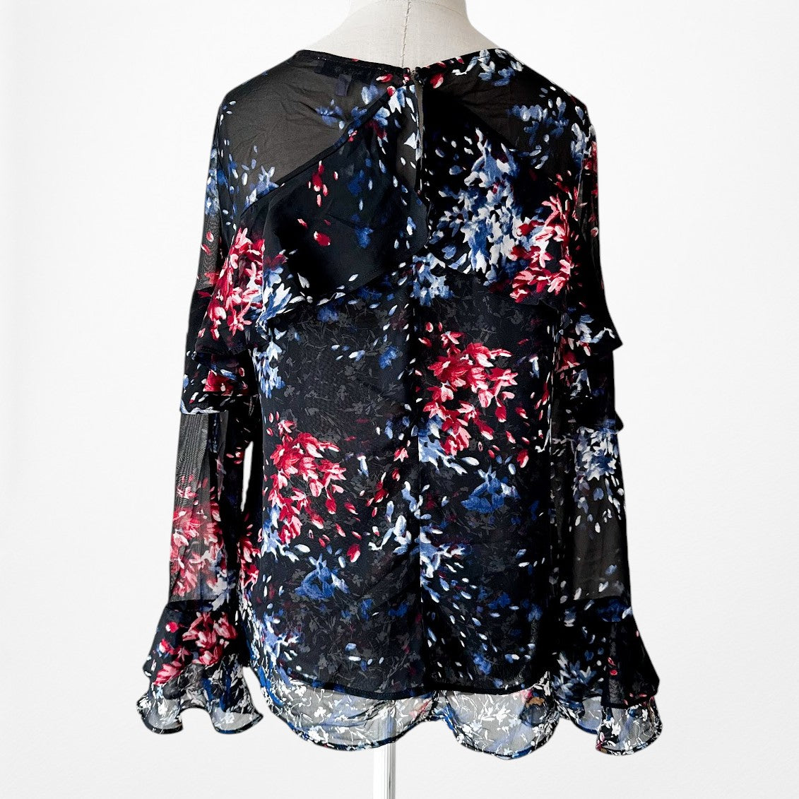 Vintage Y2K Black Red Blue Long Sleeve Ruffle Chiffon Blouse Top Size S