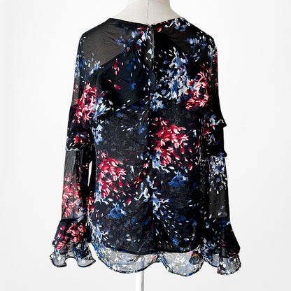 Vintage Y2K Black Red Blue Long Sleeve Ruffle Chiffon Blouse Top Size S