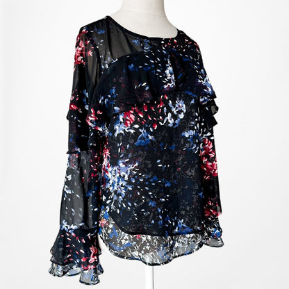 Vintage Y2K Black Red Blue Long Sleeve Ruffle Chiffon Blouse Top Size S