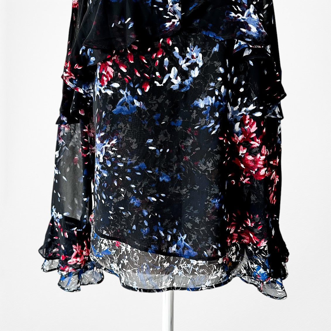 Vintage Y2K Black Red Blue Long Sleeve Ruffle Chiffon Blouse Top Size S