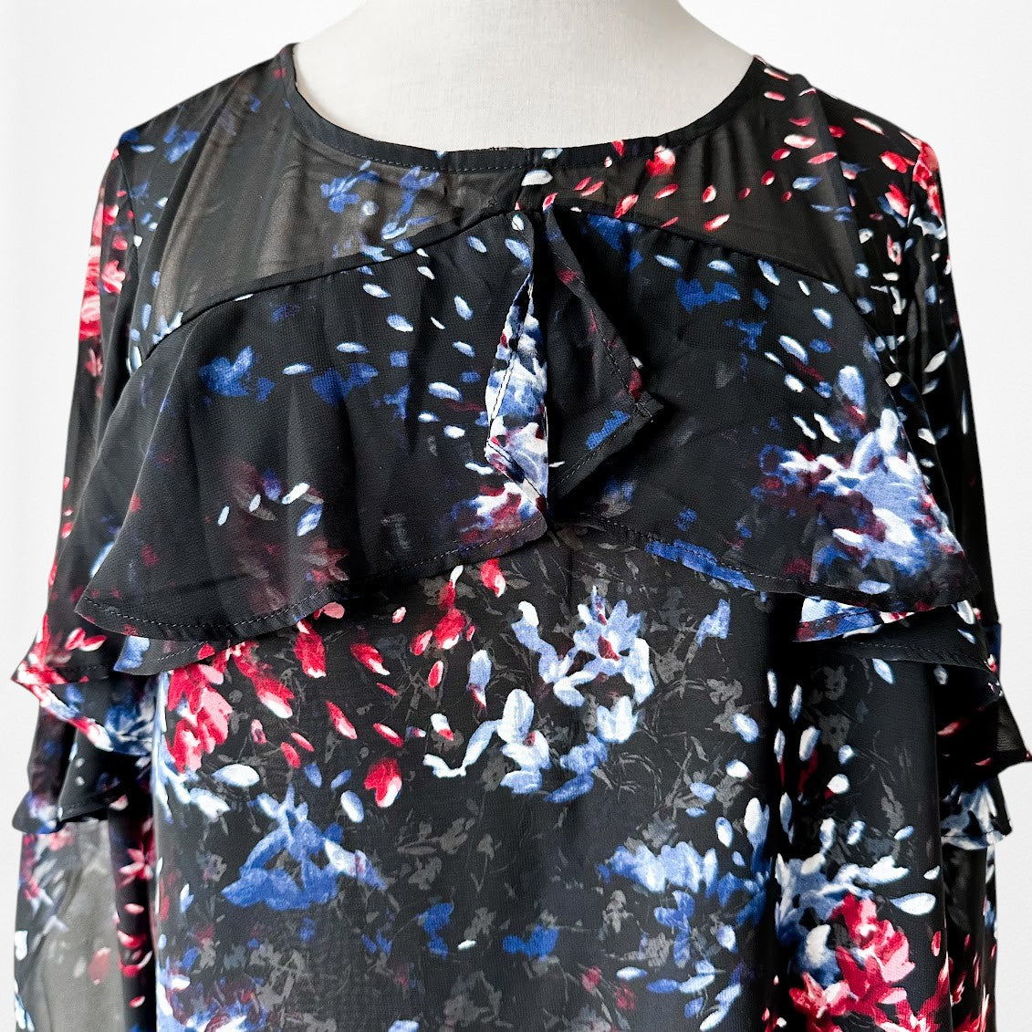 Vintage Y2K Black Red Blue Long Sleeve Ruffle Chiffon Blouse Top Size S
