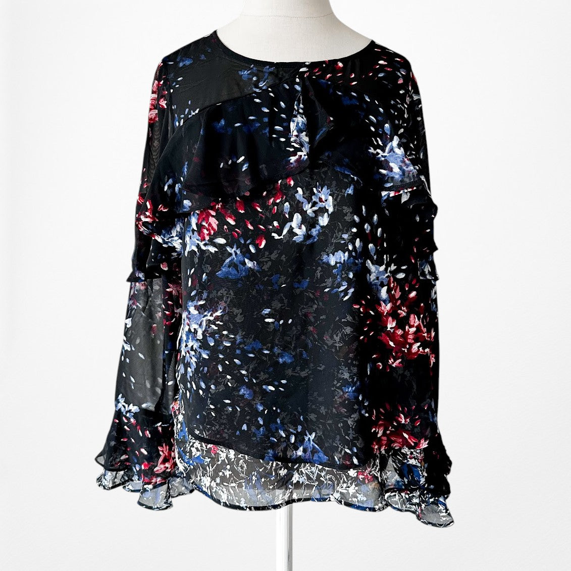 Vintage Y2K Black Red Blue Long Sleeve Ruffle Chiffon Blouse Top Size S