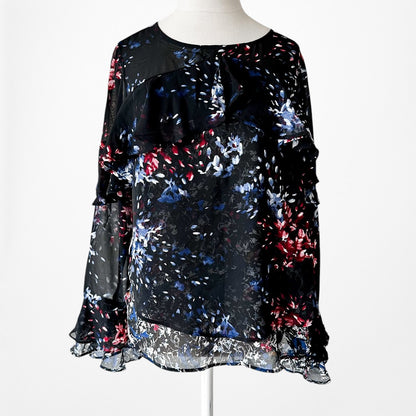 Vintage Y2K Black Red Blue Long Sleeve Ruffle Chiffon Blouse Top Size S