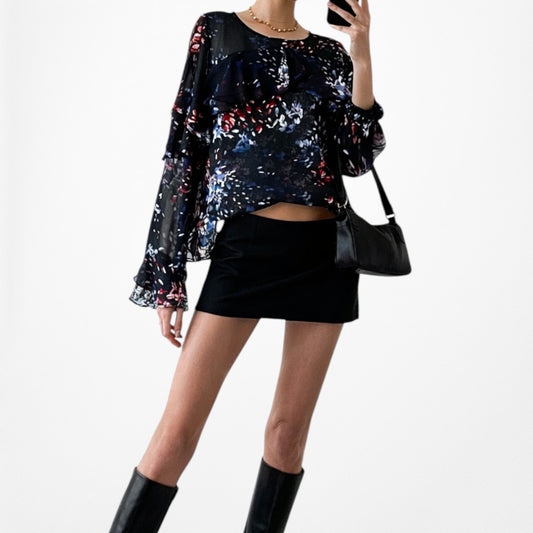 Vintage Y2K Black Red Blue Long Sleeve Ruffle Chiffon Blouse Top Size S