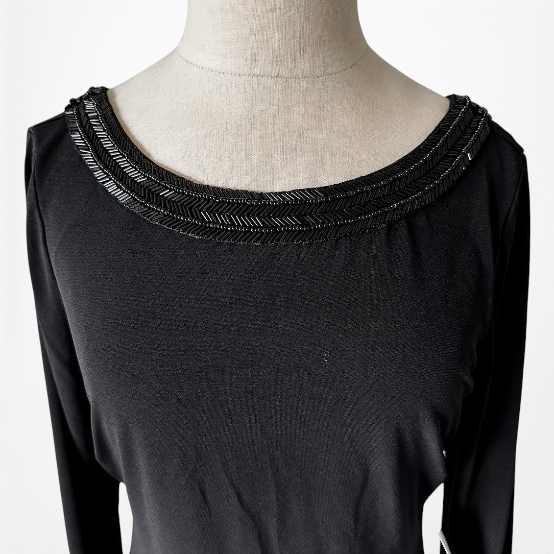 Vintage Y2K Black Long Sleeve Knit Beaded Knee Length Bodycon Dress Size M