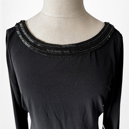 Vintage Y2K Black Long Sleeve Knit Beaded Knee Length Bodycon Dress Size M