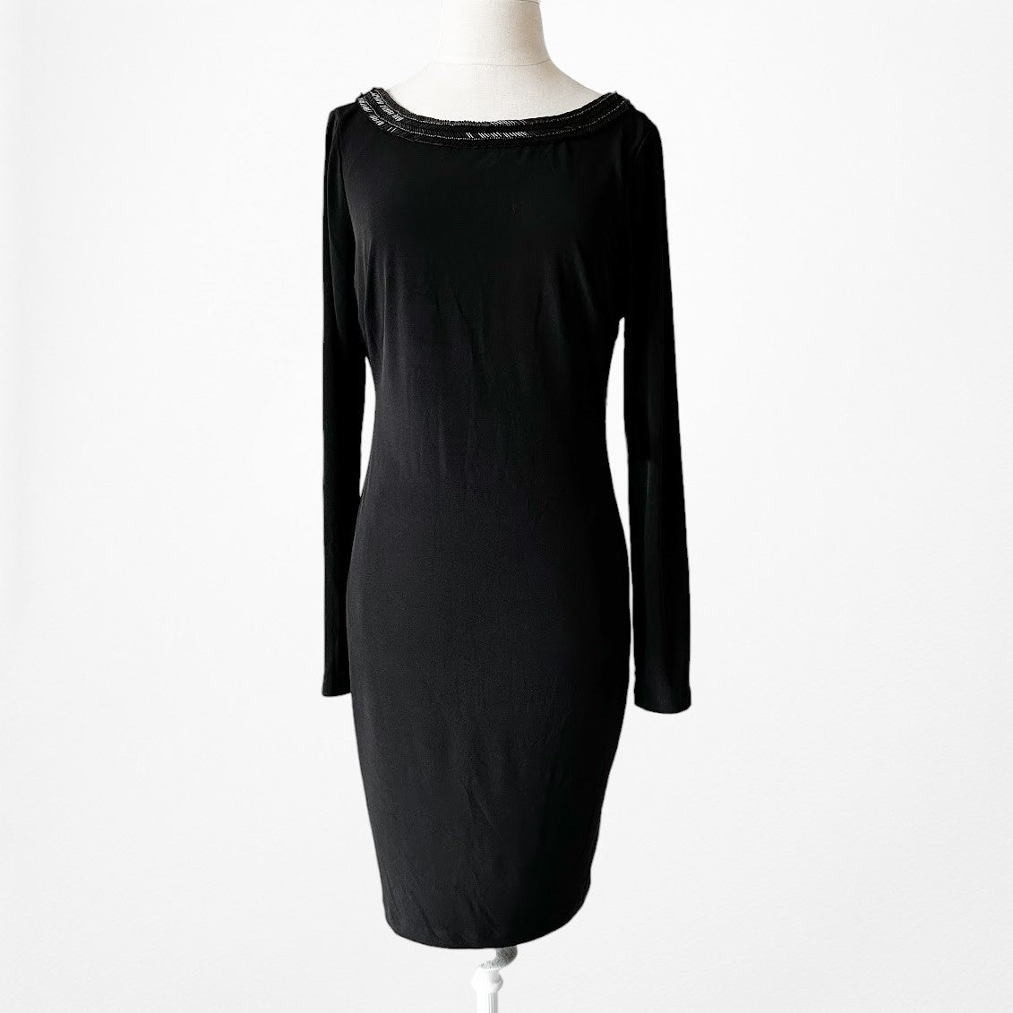 Vintage Y2K Black Long Sleeve Knit Beaded Knee Length Bodycon Dress Size M