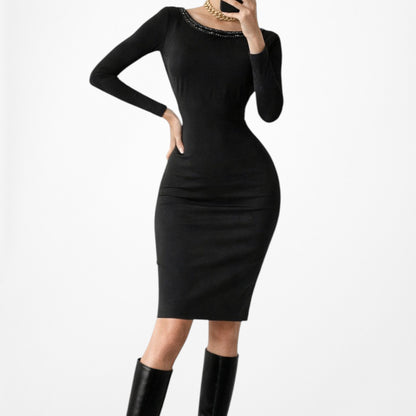 Vintage Y2K Black Long Sleeve Knit Beaded Knee Length Bodycon Dress Size M