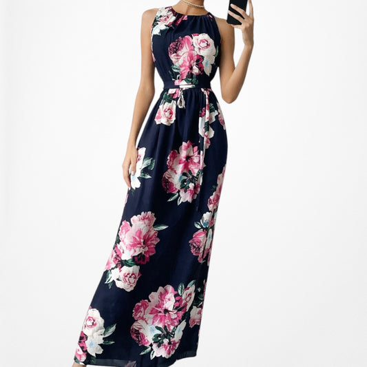 Vintage Y2K Sleeveless Navy Blue Pink Floral Flared Maxi Dress Size M