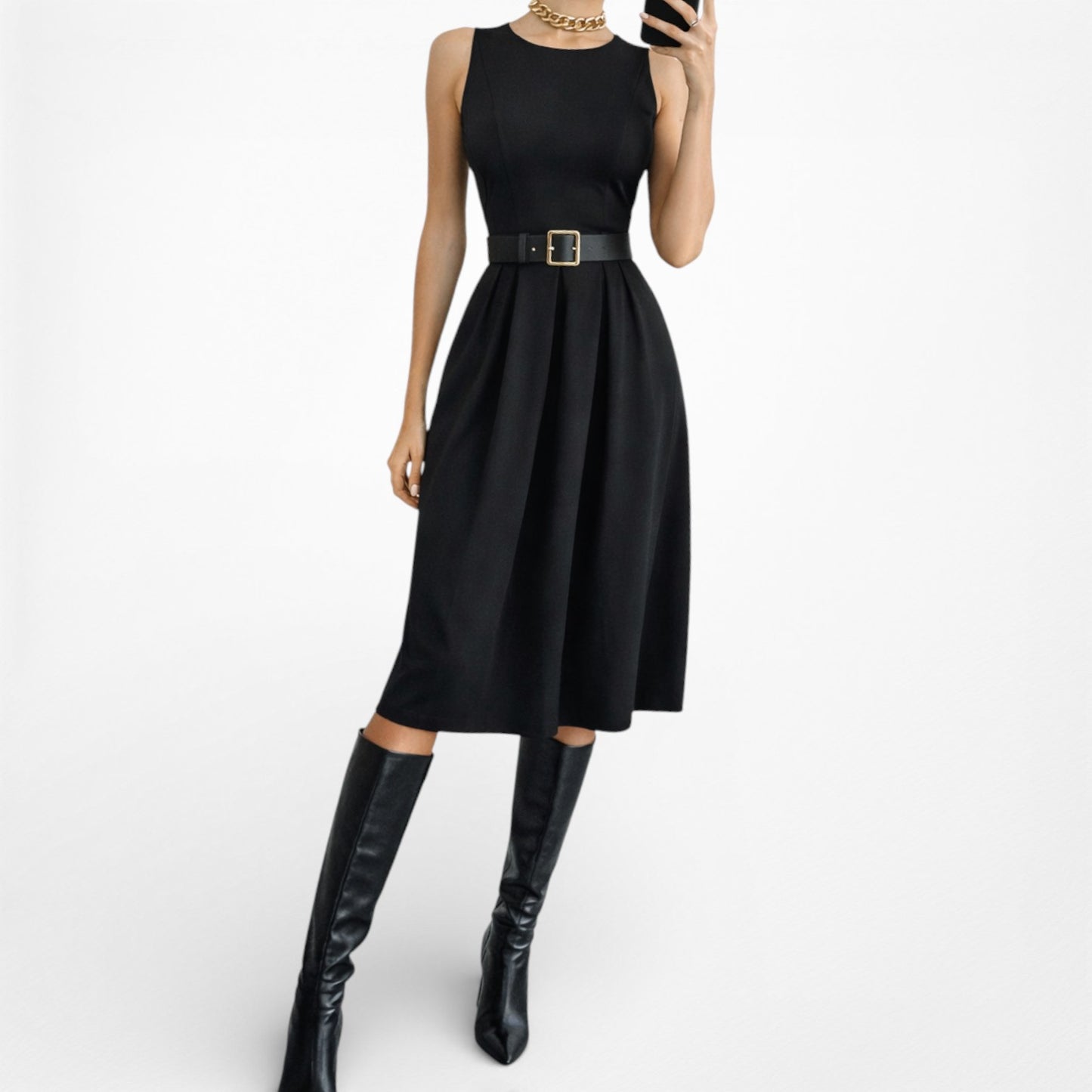 Vintage Y2K Black Knee Length Flared Pleated Knit Cocktail Dress Size S/M