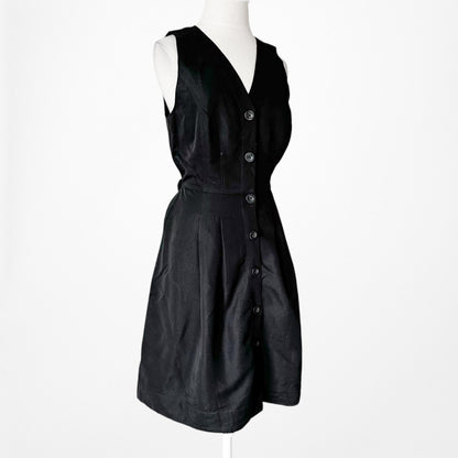 Vintage Y2K Black Sleeveless Button Front Knee Length Flared V-Neck Dress Size M