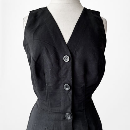 Vintage Y2K Black Sleeveless Button Front Knee Length Flared V-Neck Dress Size M