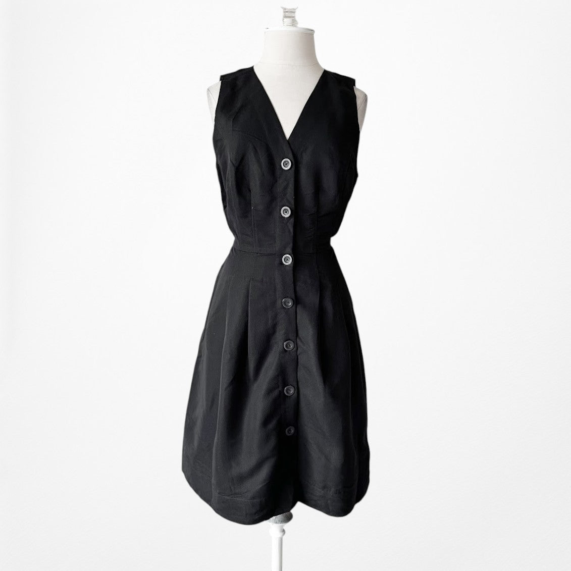 Vintage Y2K Black Sleeveless Button Front Knee Length Flared V-Neck Dress Size M