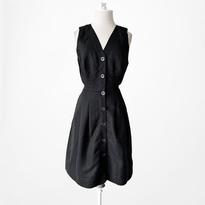 Vintage Y2K Black Sleeveless Button Front Knee Length Flared V-Neck Dress Size M