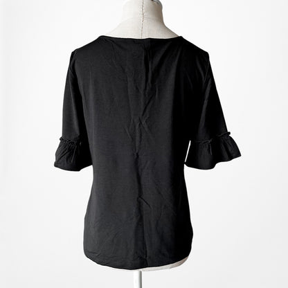 Vintage Y2K Black Ruffle Quarter Sleeve Knit Scoop Neck Top Size M