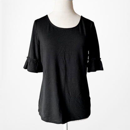 Vintage Y2K Black Ruffle Quarter Sleeve Knit Scoop Neck Top Size M