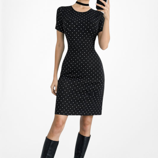Vintage Y2K Black Polka Dot Short Sleeve Knee Length Bodycon Knit Dress Size M
