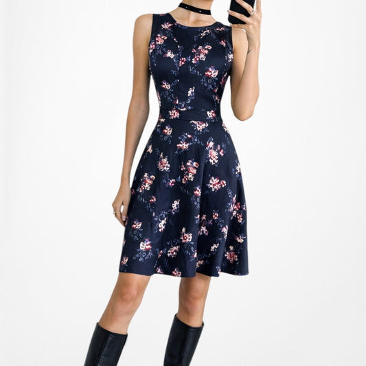 Vintage Y2K Blue Sleeveless Floral Print Knit Flared Knee Length Dress Size M