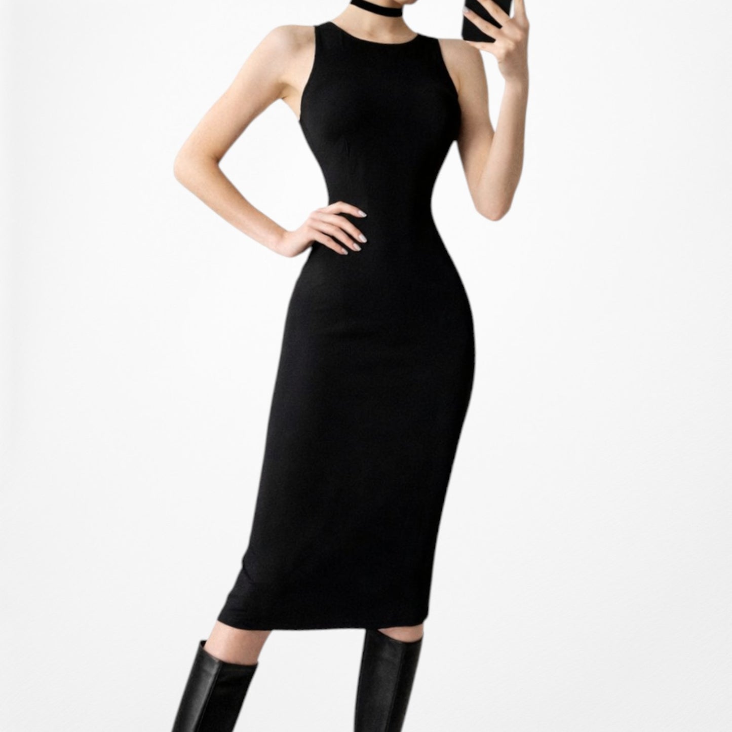 Vintage Y2K Black Sleeveless Knit Knee Length Bodycon Cocktail Dress Size M