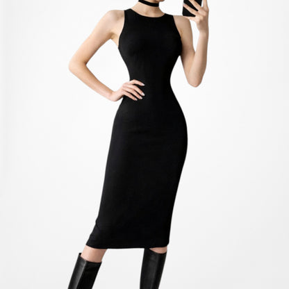 Vintage Y2K Black Sleeveless Knit Knee Length Bodycon Cocktail Dress Size M